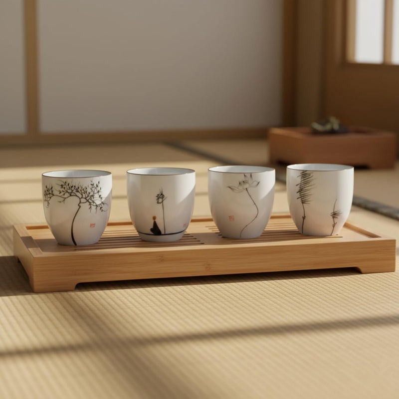 I-MART 4 Pcs Japanese Tea Cup Set, Chinese Style Ceramic Kung Fu Cups for Matcha, 5 oz Small Asian Tea Set, Traditional White Porcelain Cup Gift for Home or Office - Image 2